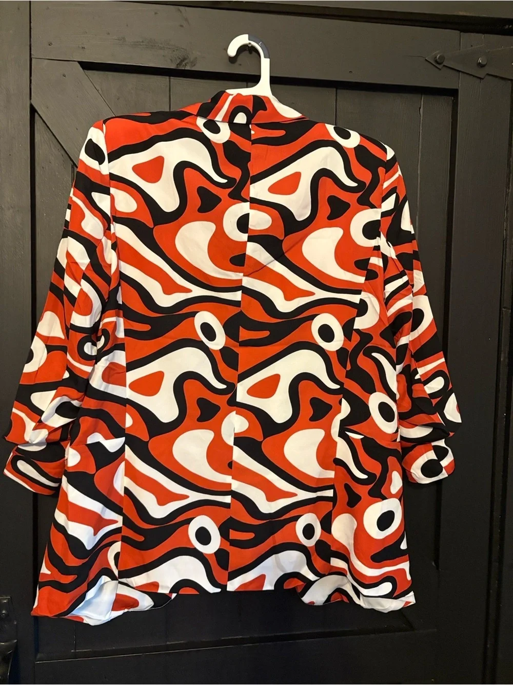 Ovi Open-Front Blazer in Red, Black & White Abstract Print